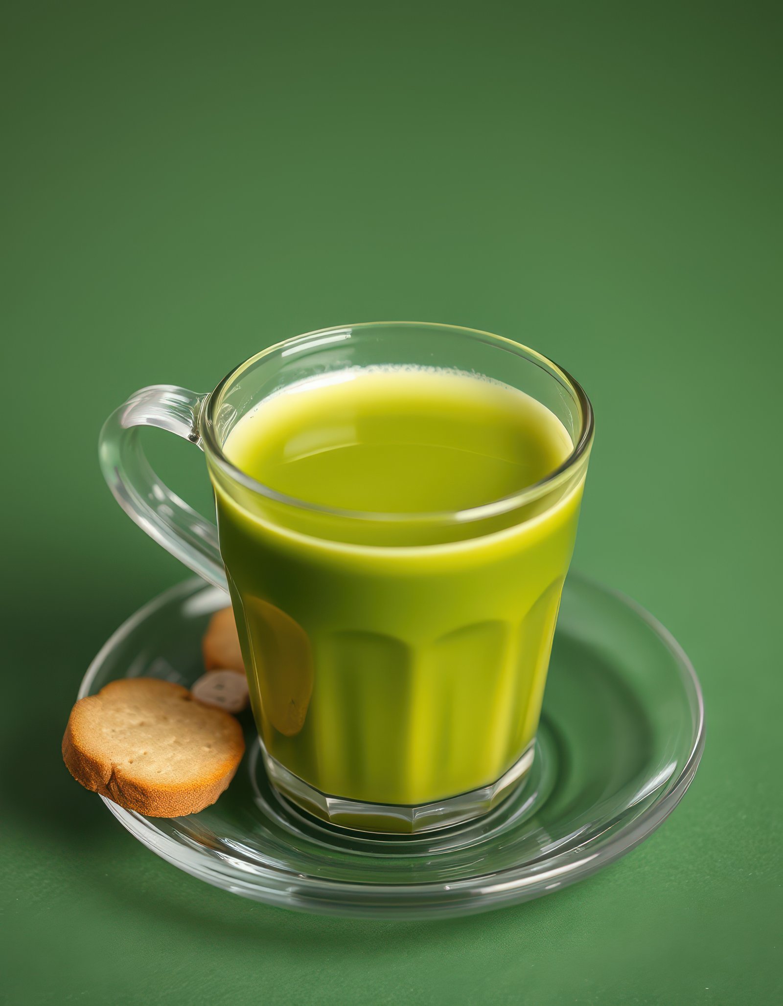 Smooth green beverage served in a glass cup with cookies on a saucer against a solid green background
